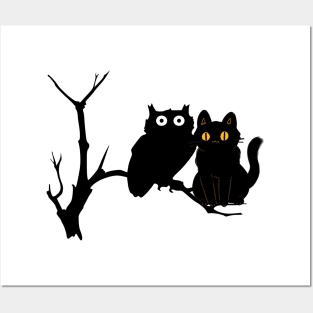 a cat and an owl Posters and Art